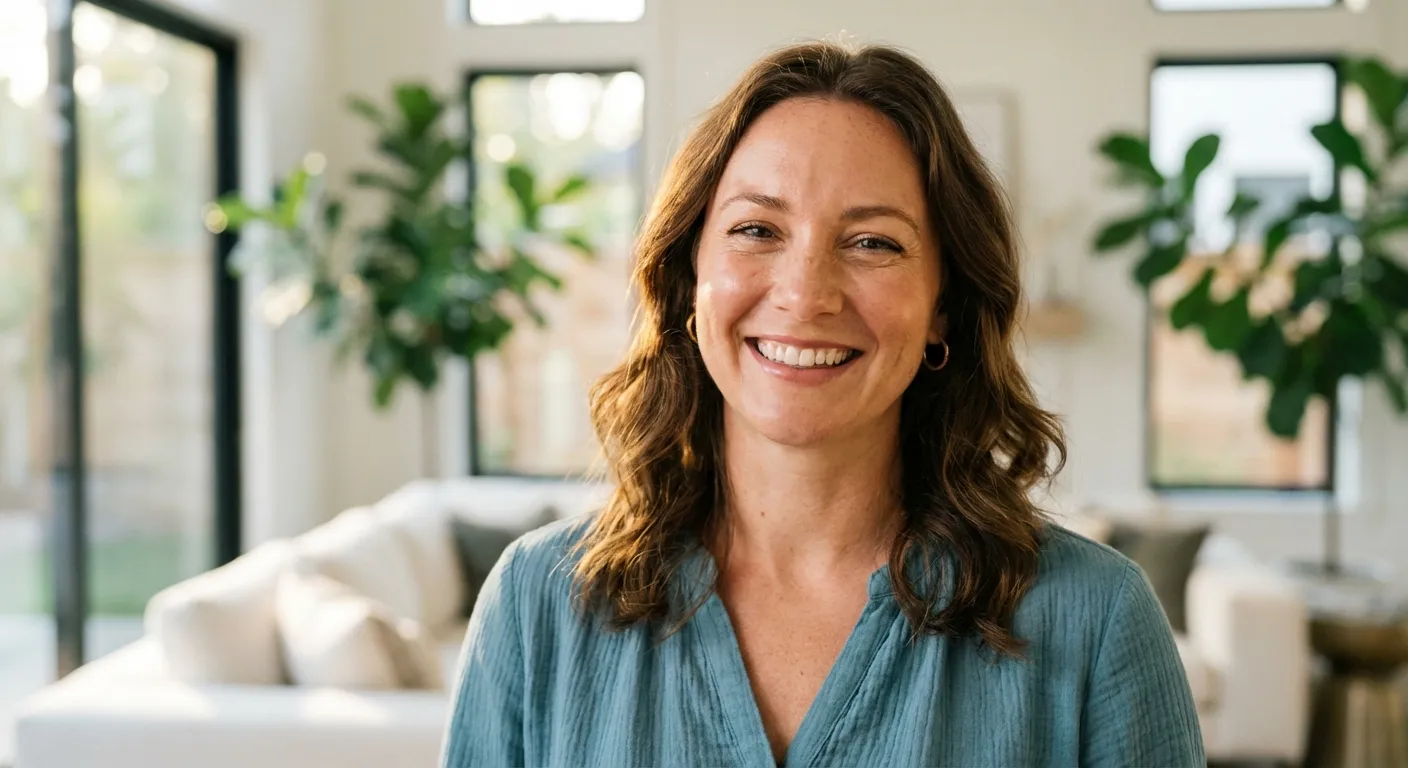 Mulher sorridente representando o Clube da Menopausa