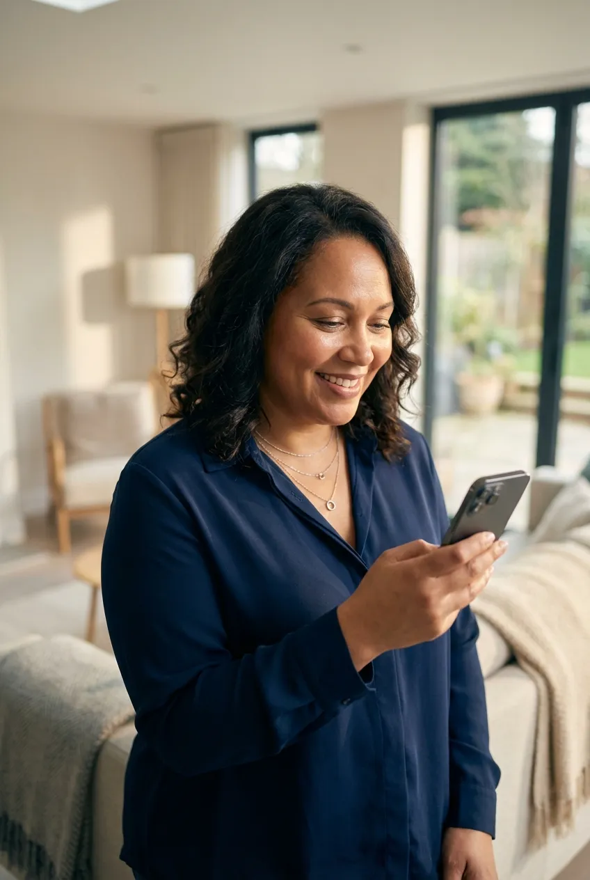 Mulher usando o WhatsApp para acompanhamento de saúde